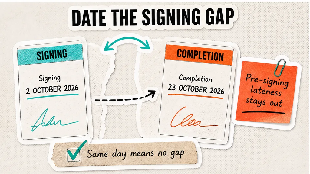 Signing on 2 October 2026 and completion on 23 October 2026, with pre-signing lateness kept outside the gap, in the section on when this condition runs.