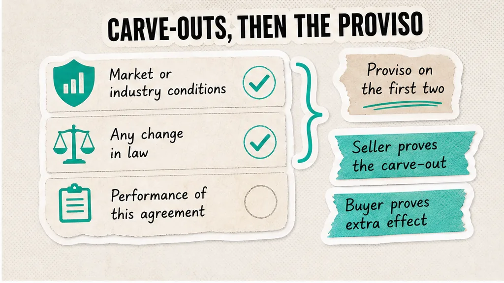 Carve-out lines for market or industry conditions, a change in law, and performance of this agreement, with the proviso limited to the first two, in the section on seller carve-outs.