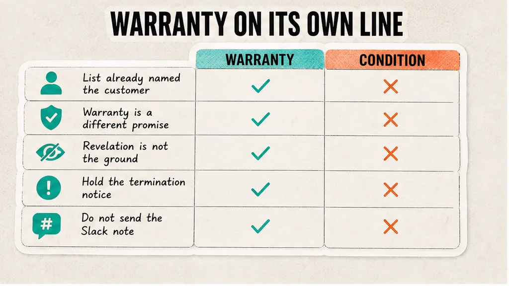 A warranty column kept apart from the completion condition, with the customer already named and the termination notice held, in the section on the warranty.