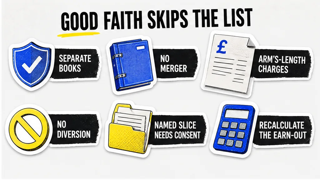 Conduct items for separate books, arm's-length charges, and a named slice that needs consent, in the section on why a good-faith sentence fails as the list.