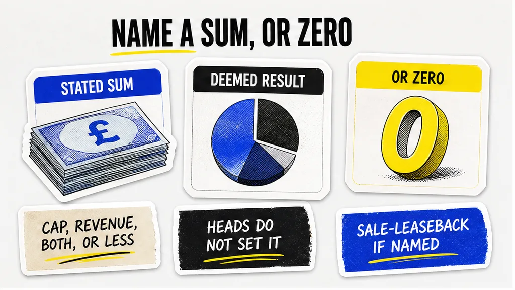 Acceleration outcomes of a stated sum, a deemed result, or zero, covering the cap, the revenue limb, both, or less, in the section on naming the acceleration amount.