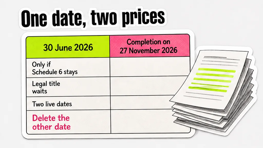 Two columns comparing 30 June 2026 under Schedule 6 with completion on 27 November 2026 as the single date economic risk can pass.