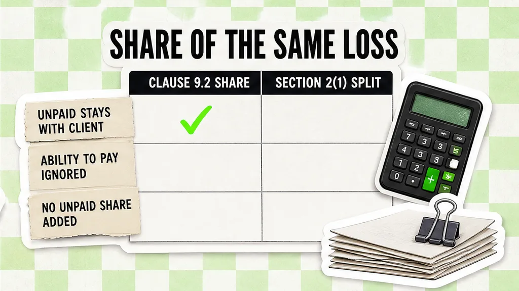 Clause 9.2 share marked next to a section 2(1) split, with ability to pay ignored and no unpaid share added, in the section that asks why this sentence is marked as a share.