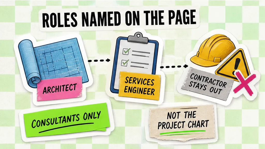 Named roles on the appointment page, with the architect and services engineer inside and the contractor left out, in the section on which roles the sentence actually names.