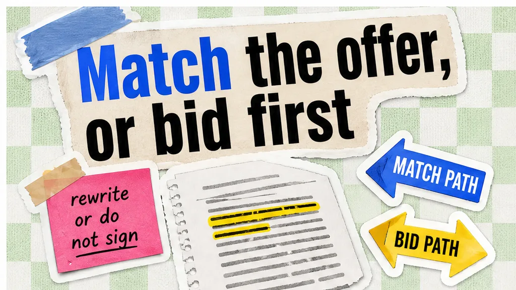 Clause page split between matching an offer already in hand and bidding first, with a sticky that says to rewrite or not sign, opening the share-transfer comparison.