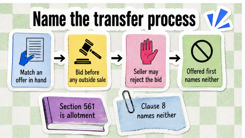 Two paths for a transfer of shares already in issue, with allotment set on its own card, where the clause only says the shares are offered first.
