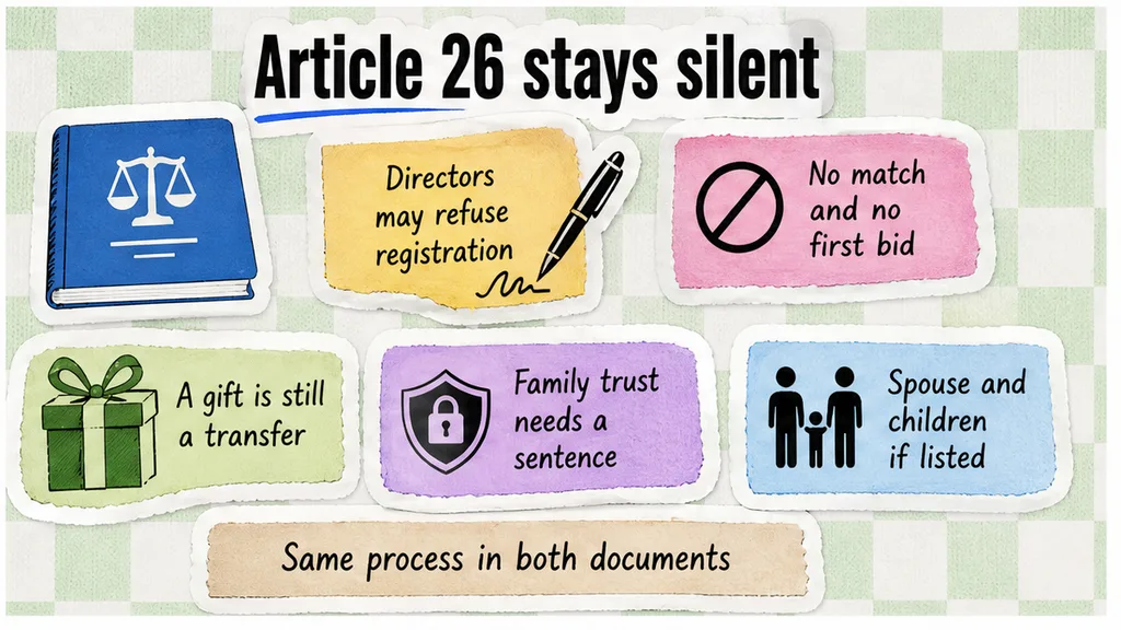 Articles card limited to a registration refusal, beside a gift, a family trust, and a spouse line that still need a permitted-transfer sentence in both documents.