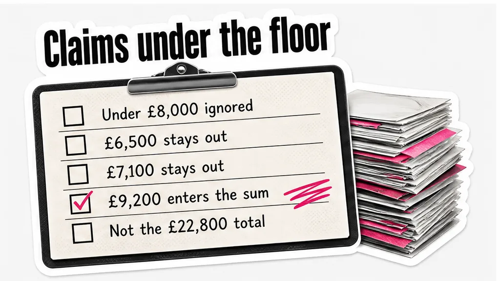 Claims under £8,000 left out of the aggregate sum, with £9,200 entering and the £22,800 total rejected, in the section on which claims never count.