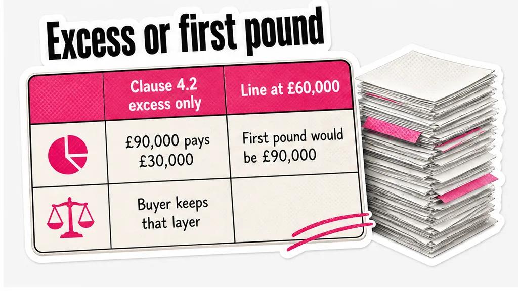 Clause 4.2 shown as excess only: £90,000 of qualifying claims pays £30,000, against a first-pound reading of £90,000, in the section on the layer the buyer keeps.