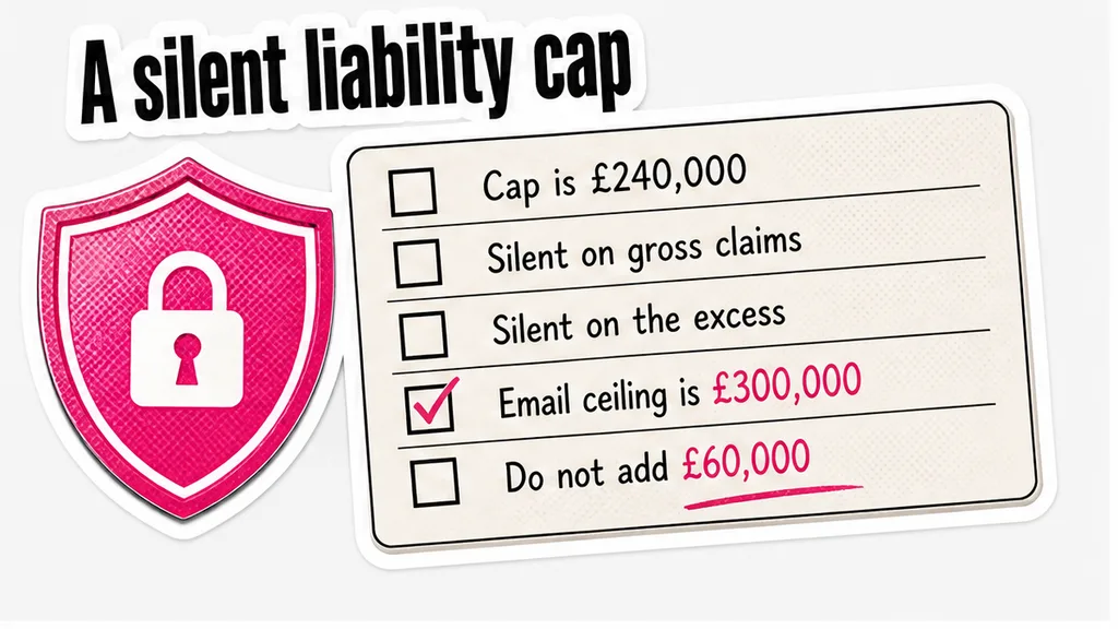 The £240,000 warranty cap left silent on gross claims and on the excess, with the email ceiling of £300,000 kept off the draft, in the section on an unread ceiling.