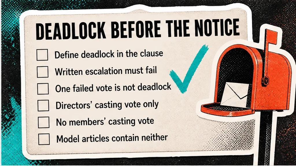 A checklist that the notice waits for a defined deadlock and a failed written escalation, with a directors’ casting vote kept off the members’ tie, in the section on when a holder can serve the notice.