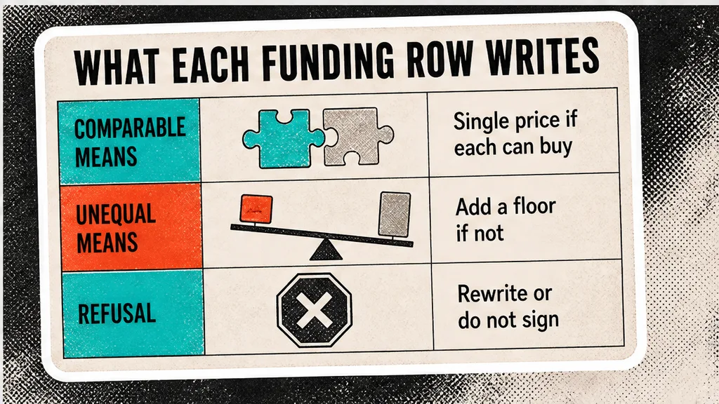 A funding card pairing comparable means with a single price, unequal means with a floor, and a refusal with rewrite or do not sign, in the section on when funding calls for a floor, sealed bids, or a refusal.