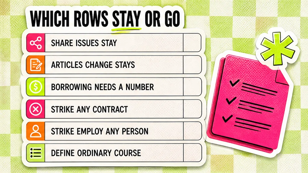 Schedule 4 rows for share issues, articles, borrowing, contracts, hires, and ordinary course, each marked stay, number, or strike