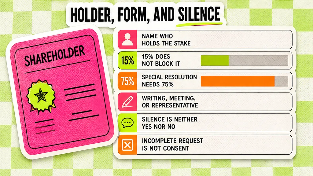 Named consent holder set against a 15 percent stake and a 75 percent special resolution, with writing, a meeting, or a representative, and silence left undecided