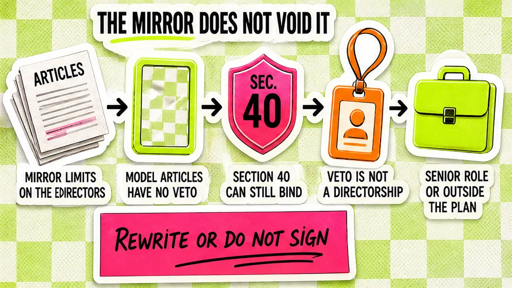Director limits mirrored in the articles, model articles with no veto, section 40 still able to bind, and a note to rewrite or not sign