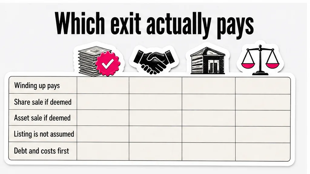 Exit rows showing a winding up pays the preference, a share sale and an asset sale only if deemed, a listing left unassumed, and debt and costs ahead, in the section on which exit the winding-up sentence actually triggers.