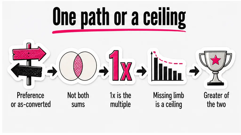 A sequence that takes the preference or the as-converted share, not both sums, marks 1x as the multiple, and treats a missing limb as a ceiling, in the section on when non-participating is one path.