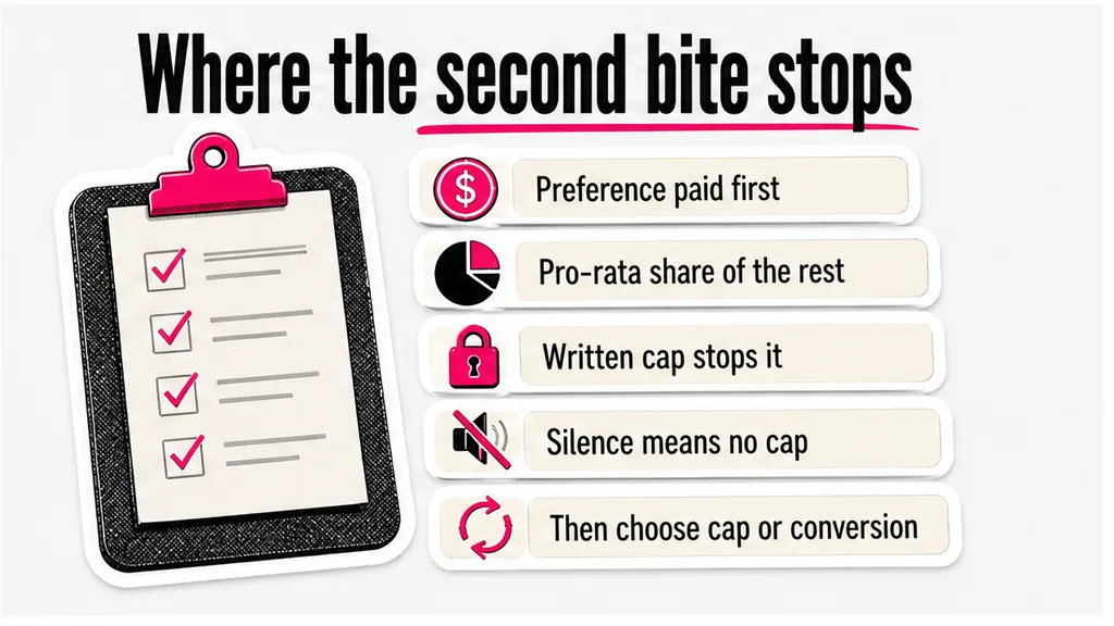 A checklist that pays the preference first, then a pro-rata share of the rest, stops that share only at a written cap, and treats silence as no cap, in the section on where a participating second bite stops.