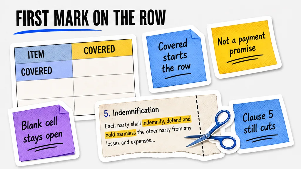 Four marks on one SPA warranty row: covered starts the row, it is not a payment promise, a blank cell stays open, and clause 5 still cuts