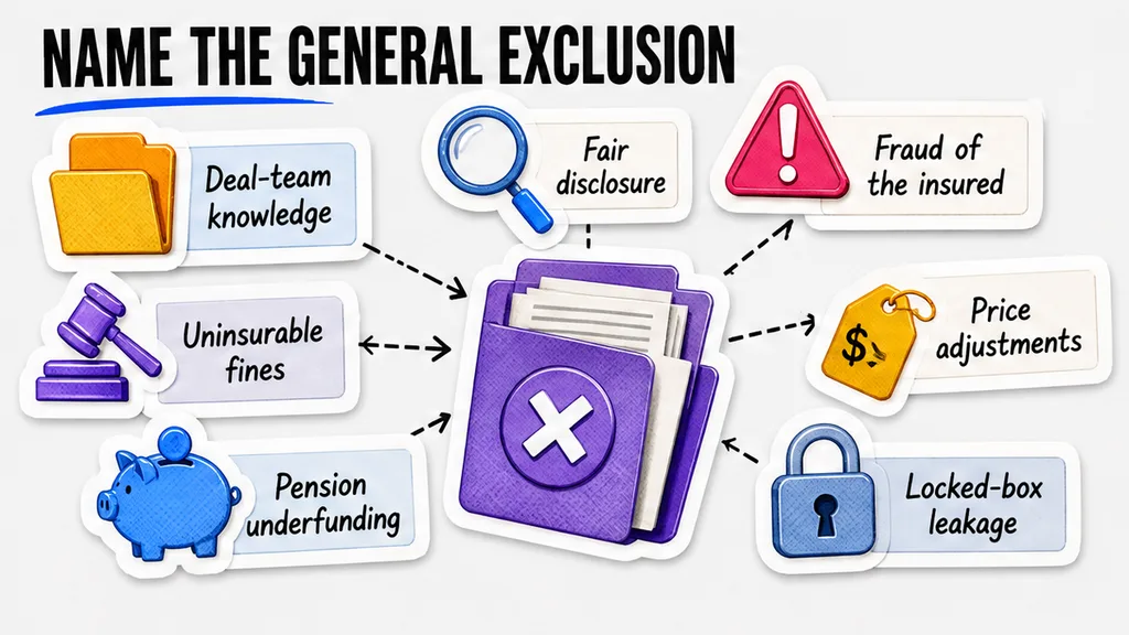 A covered warranty row passed through deal-team knowledge, fair disclosure, fraud of the insured, uninsurable fines, pension underfunding, price adjustments, and locked-box leakage