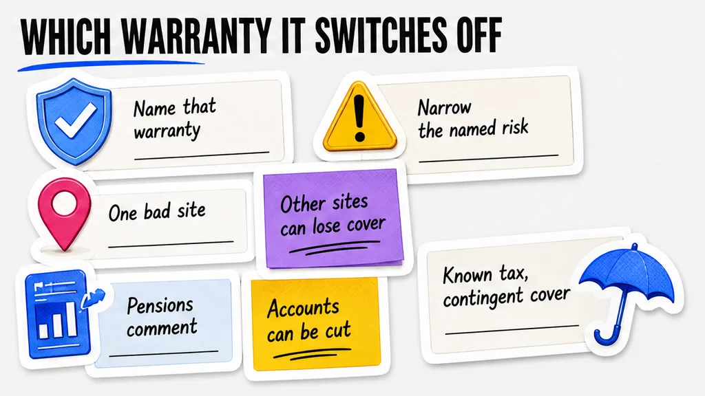 A deal-specific exclusion named to one SPA warranty, with a narrow risk, one bad site, a pensions comment that can also cut the accounts warranty, and known tax moved to contingent cover
