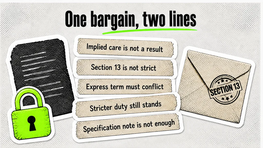 One bargain on two lines: implied care is not a result, section 13 is not strict, an express term must conflict, a stricter duty still stands, and a specification note is not enough