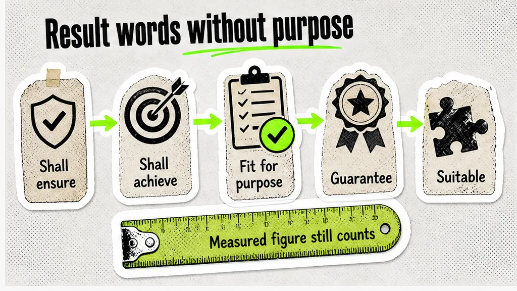 Result words marked even without the word purpose: shall ensure, shall achieve, fit for purpose, guarantee, suitable, and a measured figure that still counts