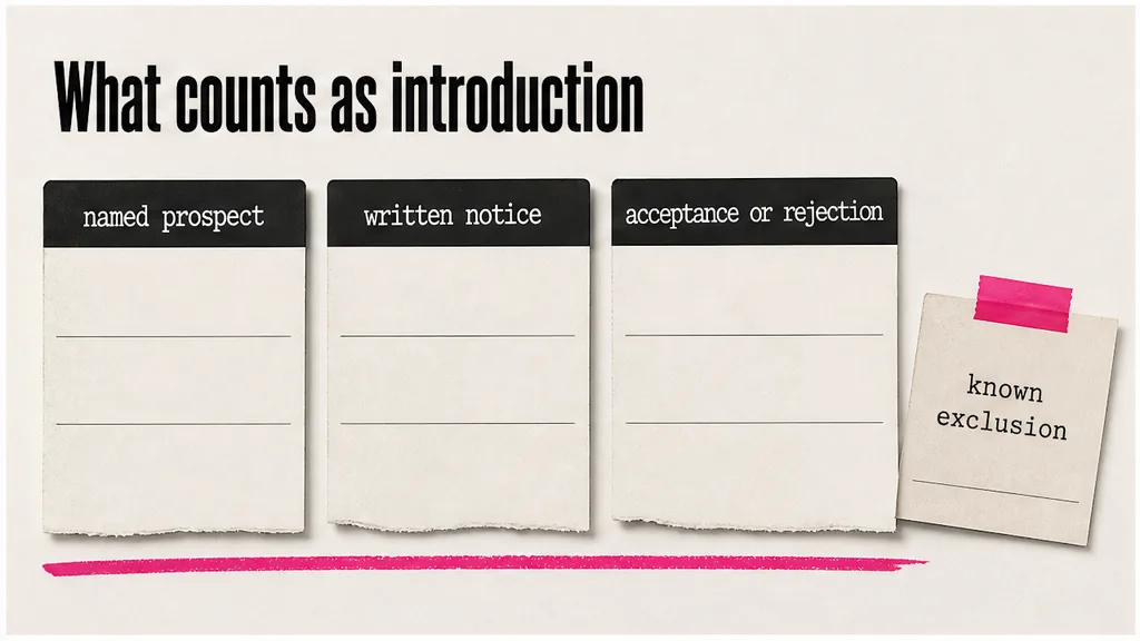 Four sentences highlighted on an introducer draft: introduction, authority, fee trigger and post-term trail