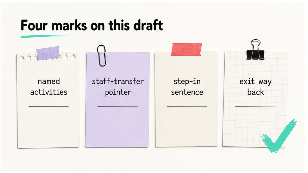 Outsourcing draft page with scope, a TUPE pointer, step-in and exit highlighted