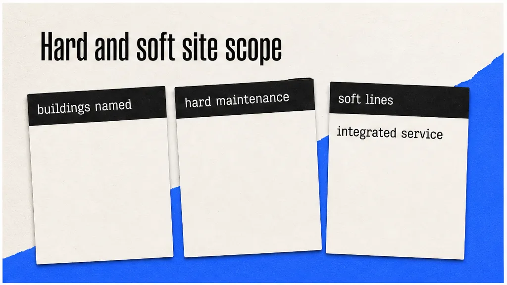 An integrated FM agreement beside site and service schedules, with margin flags on sites, KPIs, health and safety and exit