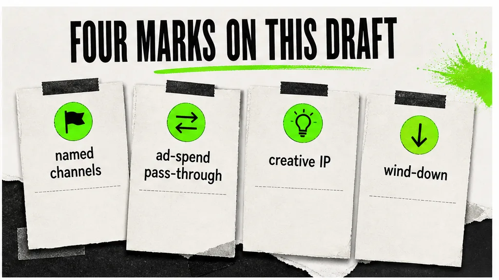 Channel, ad-spend, creative IP and wind-down marks on an agency marketing draft