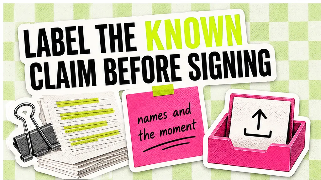 Editorial collage of a limitations page that labels a known claim before signing, with a highlighted clause and a sticker for names and the moment.