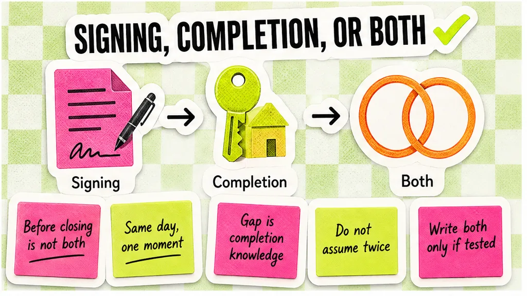 Workflow of the awareness moment: signing, completion, or both, including a same-day deal and a gap that is completion knowledge.