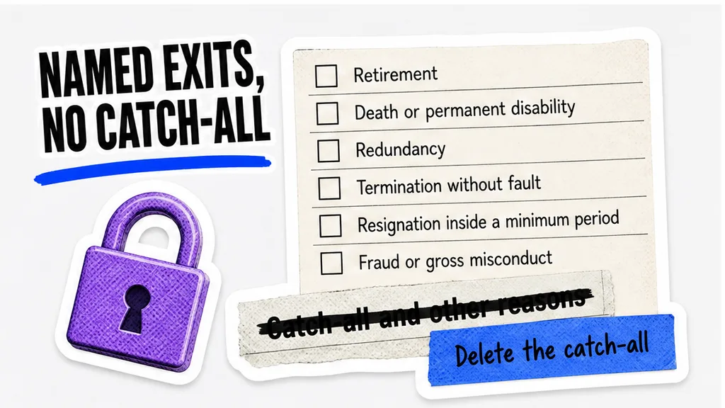 Checklist of named exits: retirement, death or permanent disability, redundancy, termination without fault, resignation inside a minimum period, and fraud or gross misconduct, with the catch-all deleted, beside the section on exits that must be named before the price is fixed.