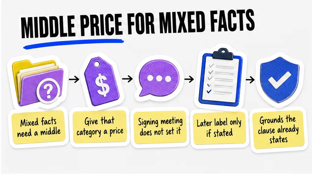 Workflow for a departure that is neither good nor bad: mixed facts get a middle category and its own price, the signing meeting does not set it, and a later label is allowed only on grounds the clause already states.