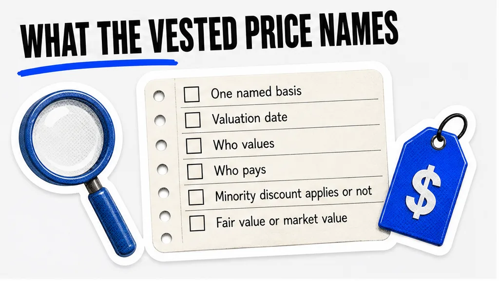 Checklist of what a good leaver's vested price must name: one basis, the valuation date, who values, who pays, whether a minority discount applies, and fair value or market value.