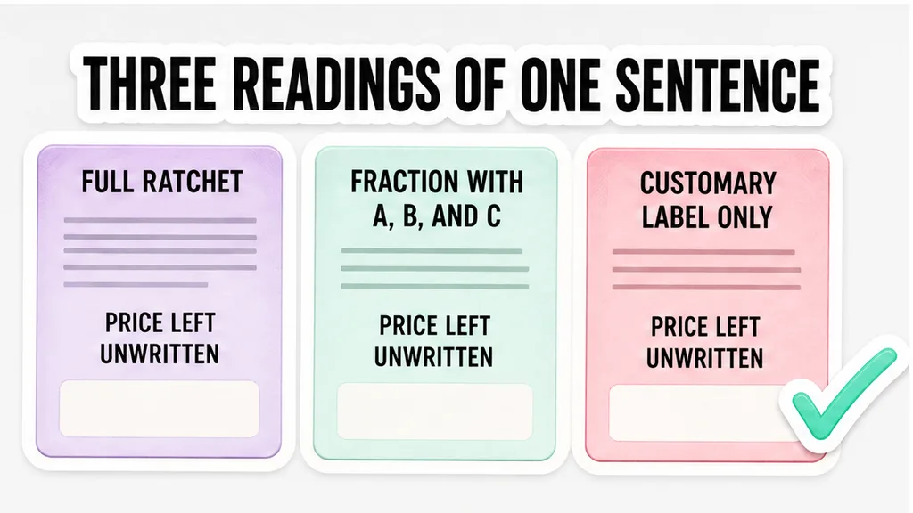 Three readings of one conversion-price sentence: a full ratchet, a fraction with A, B, and C, and a customary label that leaves the price unwritten, beside why a customary label fails to set the price.