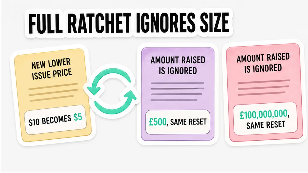 Two cheaper issues, a £500 raise and a £100,000,000 raise, sharing one full-ratchet reset, with $10 becoming $5, beside why round size does not soften the reset.