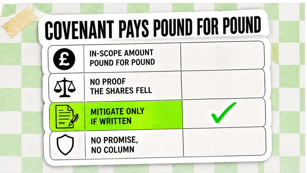 Four covenant rules: the in-scope amount pound for pound, no proof the shares fell, mitigate only if written, and no promise means no column, beside why the covenant pays without proof of a fall in share value.