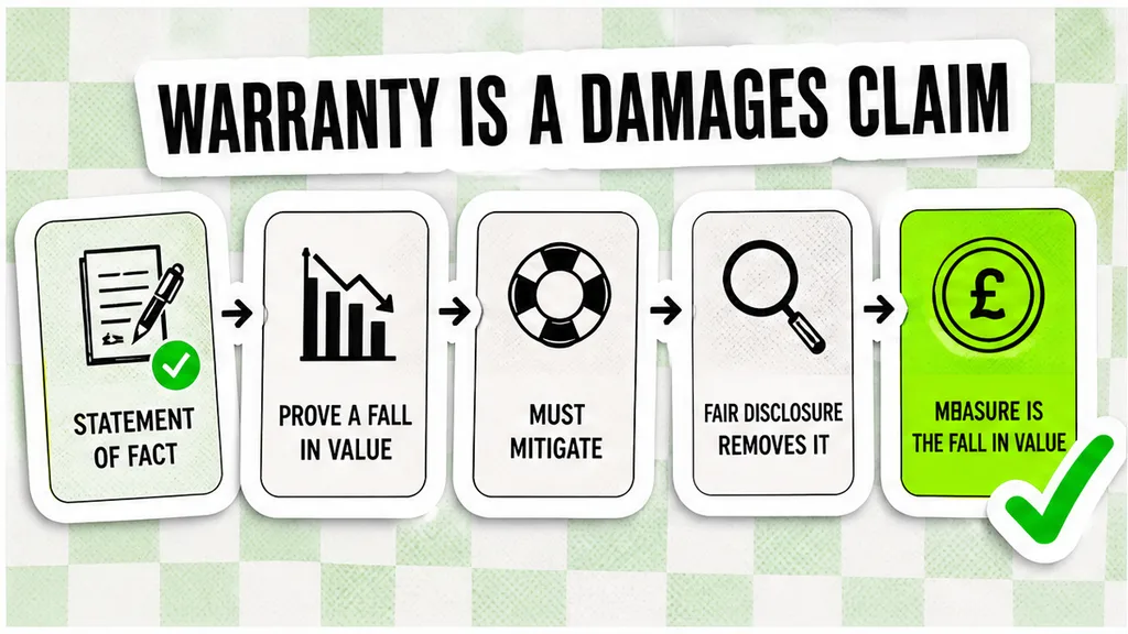 A warranty claim path from a statement of fact through proof of a fall in value, a duty to mitigate, and fair disclosure, with damages measured by the fall in value, beside what a tax warranty actually pays.