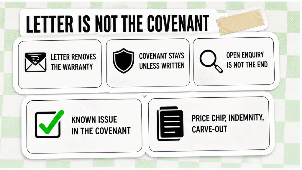 A disclosure checklist: the letter removes the warranty, the covenant stays unless written, an open enquiry is not the end, a known issue stays in the covenant, and the price can move by a price chip, indemnity, or carve-out.