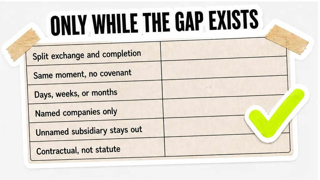 A comparison of a split exchange, where the covenant runs for days, weeks, or months and binds only named companies, against a same-moment close where the covenant does not operate, beside why these undertakings run only after exchange and before completion.