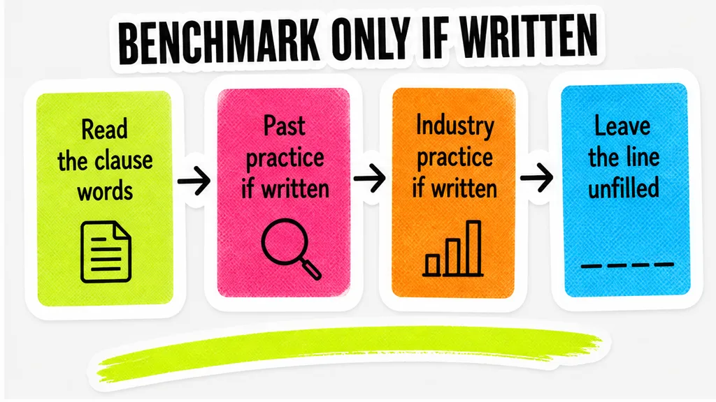 A path from reading the clause words through past practice or industry practice only if written, ending with the ordinary-course line left unfilled, beside why the benchmark is only the words on the page.