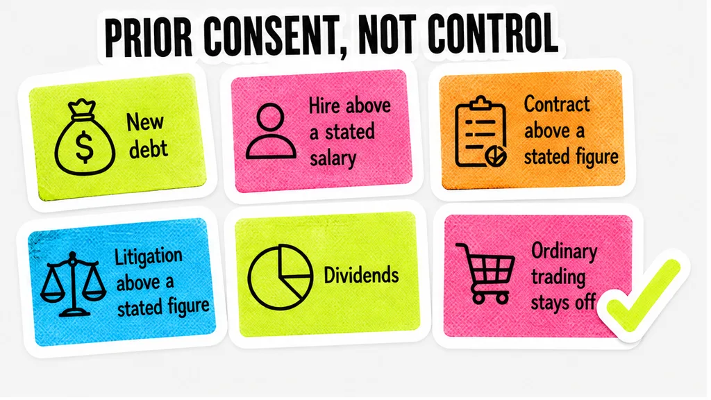 A consent list of new debt, a hire above a stated salary, a contract or litigation above a stated figure, and dividends, with ordinary trading left off the list, beside why named departures need prior written consent.