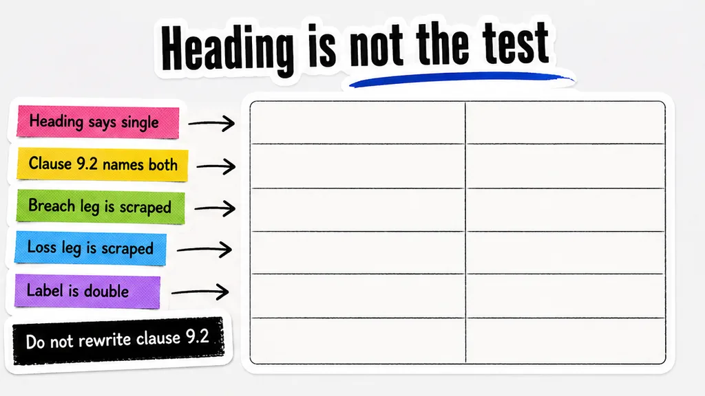 A comparison of a heading that says single against clause 9.2 naming both the breach leg and the loss leg, so the label is double and the clause is not rewritten, beside why the heading fails to settle the label.
