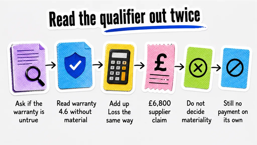 A reading path that asks if the warranty is untrue, reads warranty 4.6 without material, adds up Loss the same way for a £6,800 supplier claim, and still shows no payment on its own, beside why a double label reads the qualifier out of both legs.