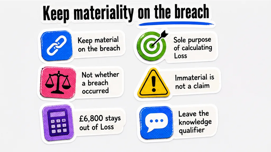 A checklist that keeps material on the breach, limits deletion to calculating Loss, treats an immaterial inaccuracy as not a claim, keeps £6,800 out of Loss, and leaves the knowledge qualifier, beside why a damages-only label keeps materiality on the breach.