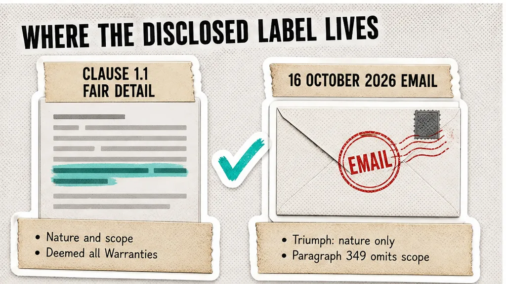 Two columns set clause 1.1 as fair detail, nature and scope, and the 16 October 2026 email against a deeming of all warranties, with Triumph requiring nature only and paragraph 349 omitting scope, beside where the Disclosed label is read.