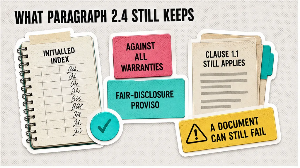A board of the initialled index, disclosure against all warranties, the fair-disclosure proviso, clause 1.1 still applying, and a document that can still fail, beside how far paragraph 2.4 reaches.