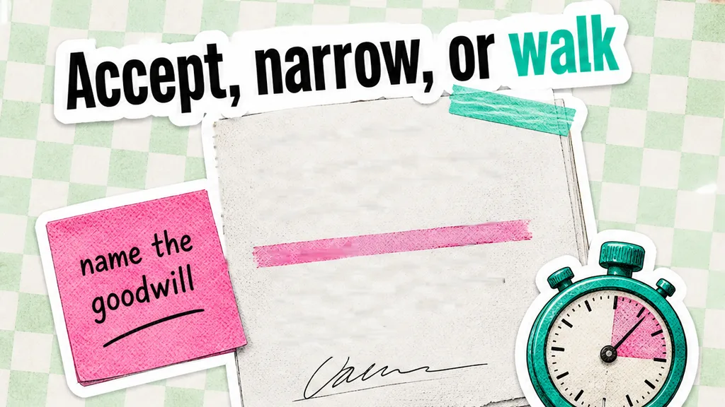 Editorial collage of a share-sale signature page with the headline accept, narrow, or walk, the word walk in the accent colour, and a sticky that says name the goodwill.